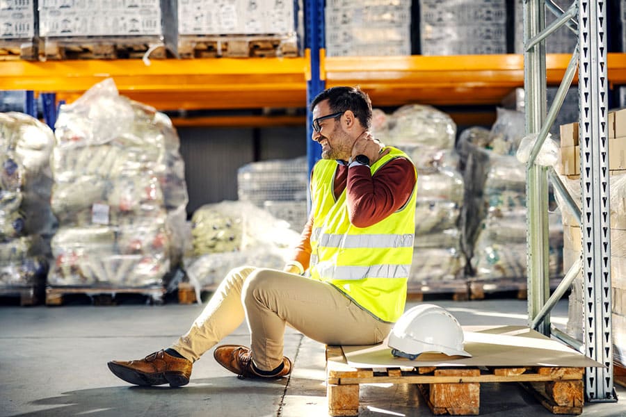 A warehouse worker in a high-visibility vest sits on a wooden pallet, holding the back of his neck and grimacing in pain as he considers aquatic therapy for his recovery.